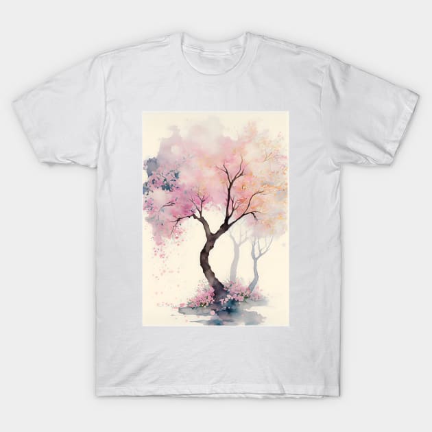 Japanese Cherry Tree in Bloom Watercolor T-Shirt by designs4days